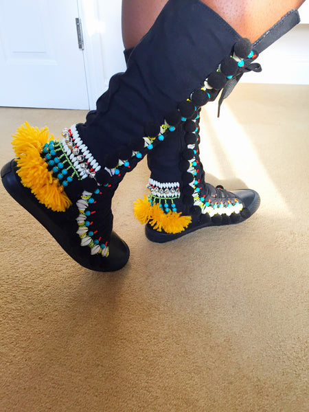 Rahele Beaded Shell Tassel And Pom-Pom Trimmed Canvas Knee Boots