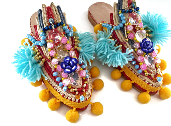Saskia Embellished Tassel Pom-Pom Leather And Raffia Slippers Anita Quansah London