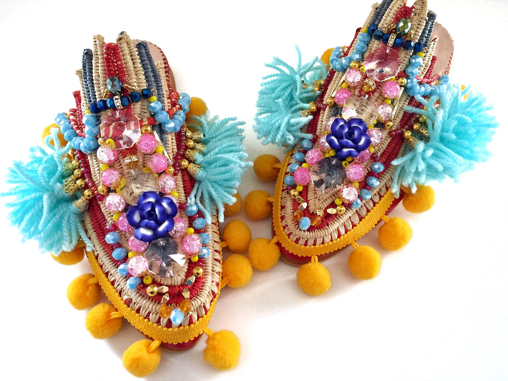 Saskia Embellished Tassel Pom-Pom Leather And Raffia Slippers Anita Quansah London