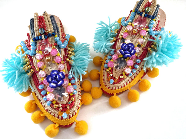 Saskia Embellished Tassel Pom-Pom Leather And Raffia Slippers Anita Quansah London