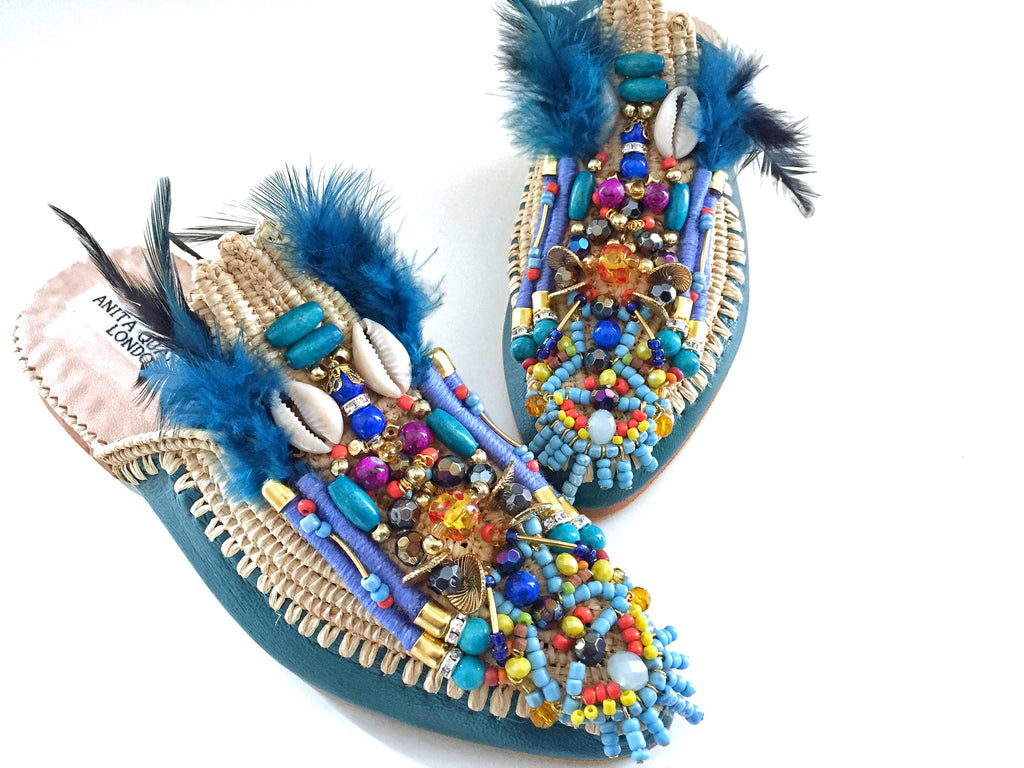 Adelle Beaded Leather And Raffia Feather Slippers By Anita Quansah London