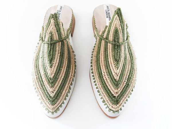 Akila White Leather with Green And Neutral Raffia Slippers