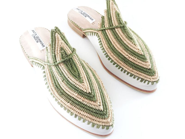 Akila White Leather with Green And Neutral Raffia Slippers