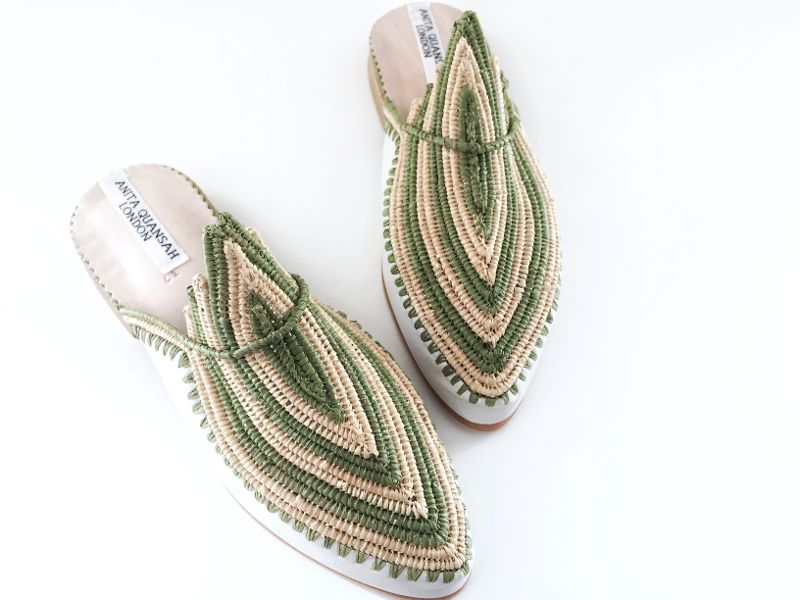 Akila White Leather with Green And Neutral Raffia Slippers