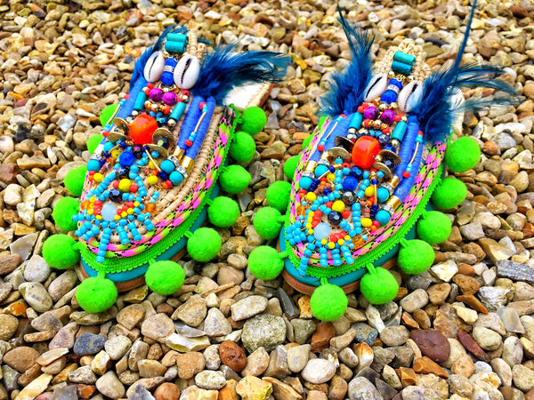 Adelle Beaded Pom-Pom Feather Leather And Raffia Slippers By Anita Quansah London