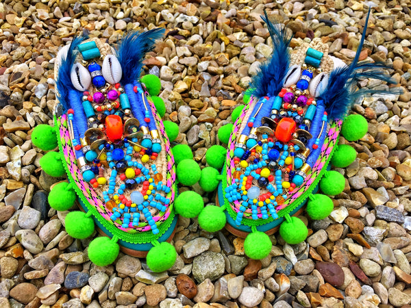 Adelle Beaded Pom-Pom Feather Leather And Raffia Slippers By Anita Quansah London
