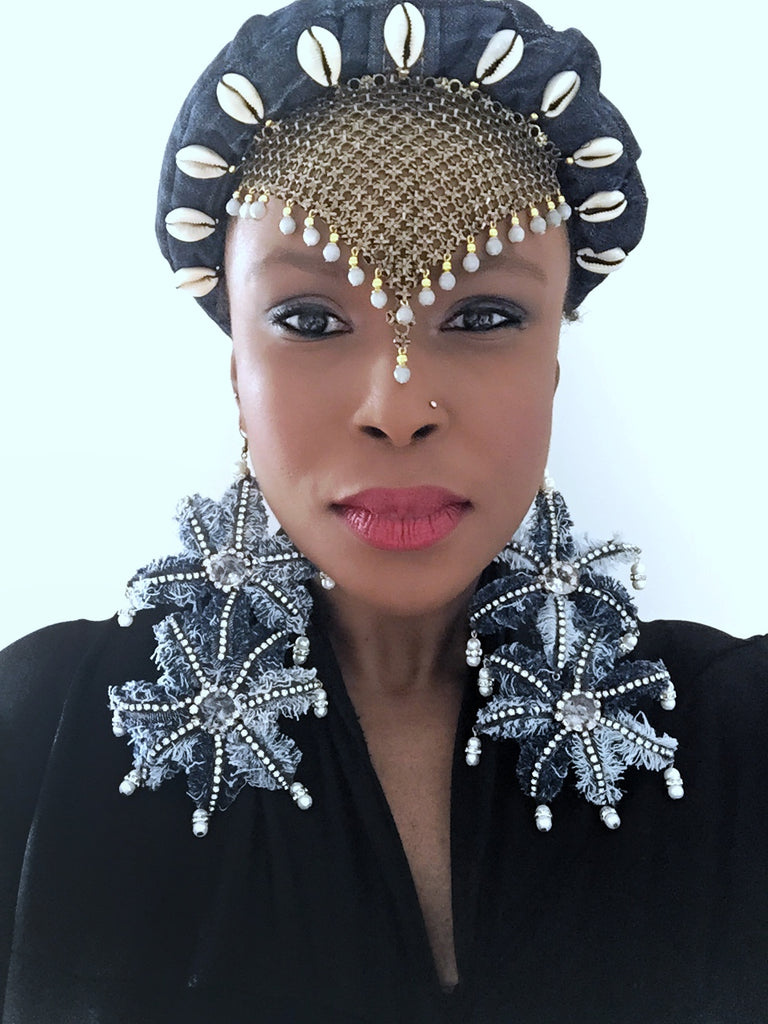 Iredia Crystal-Embellished Distressed Denim Oversized Bloom Earrings