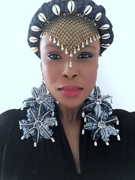 Iredia Crystal-Embellished Distressed Denim Oversized Bloom Earrings