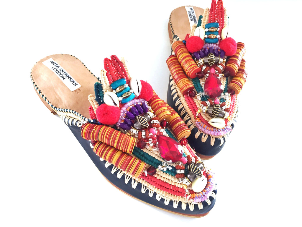 Zuly Multi-Beaded Embellished Raffia And Leather Slippers