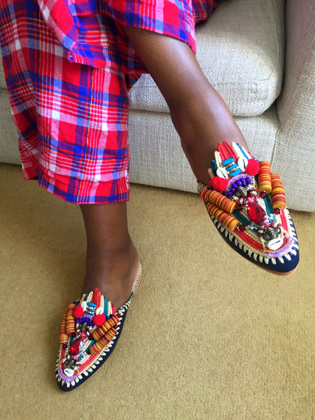 Zuly Multi-Beaded Embellished Raffia And Leather Slippers