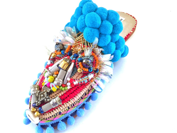 Oden  Embellished Pom-Pom Raffia Slippers By Anita Quansah London