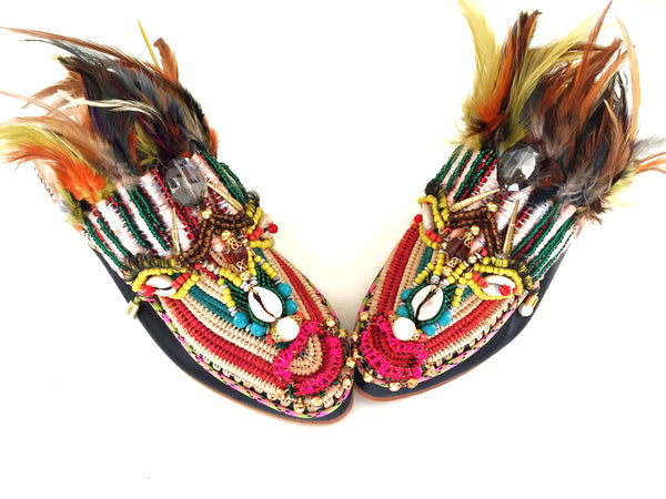 Luna beaded embellished raffia feathers slippers for women