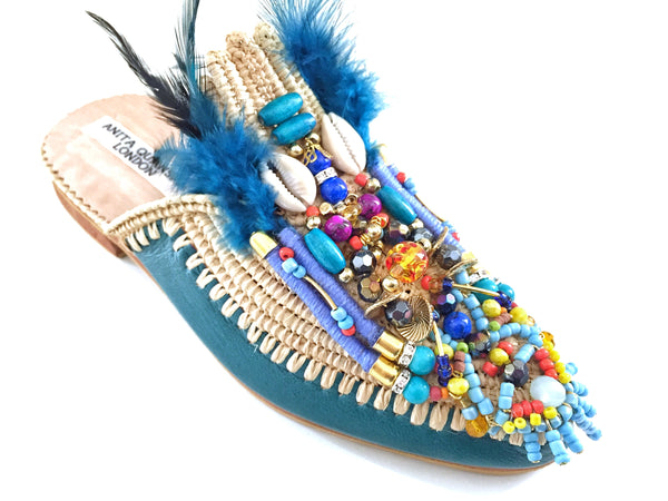 Adelle Beaded Leather And Raffia Feather Slippers By Anita Quansah London