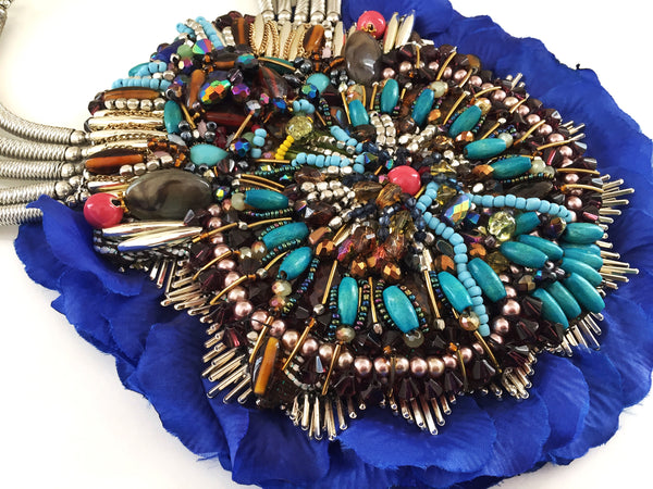 Llia Multi Beaded Silk Rose Petal Bib Statement Necklace