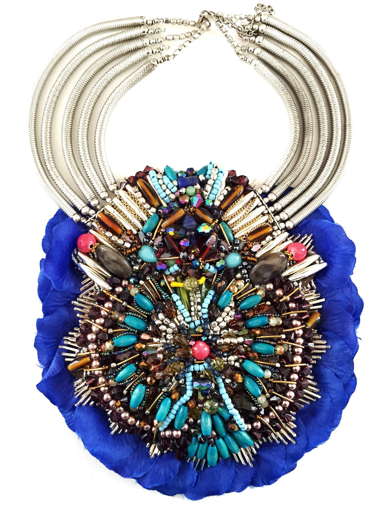 Llia Multi Beaded Silk Rose Petal Bib Statement Necklace