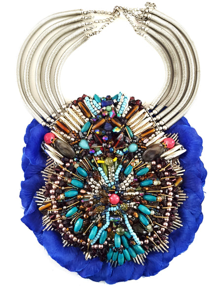 Llia Multi Beaded Silk Rose Petal Bib Statement Necklace