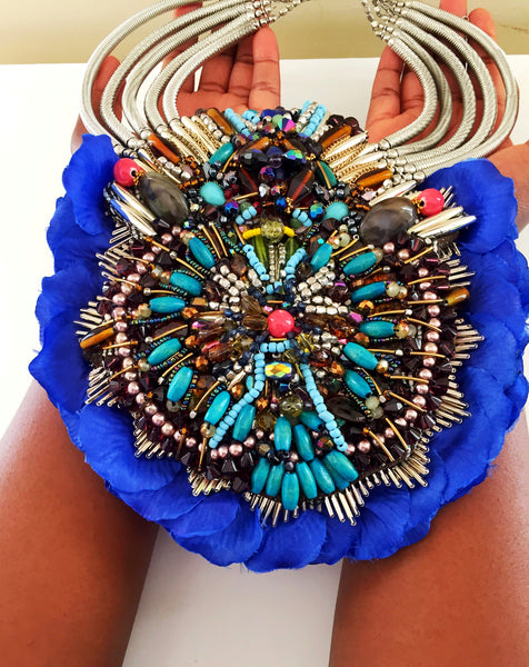 Llia Multi Beaded Silk Rose Petal Bib Statement Necklace