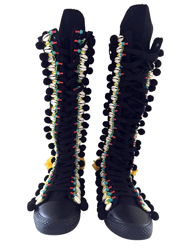 Rahele Beaded Shell Tassel And Pom-Pom Trimmed Canvas Knee Boots