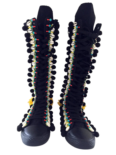 Rahele Beaded Shell Tassel And Pom-Pom Trimmed Canvas Knee Boots