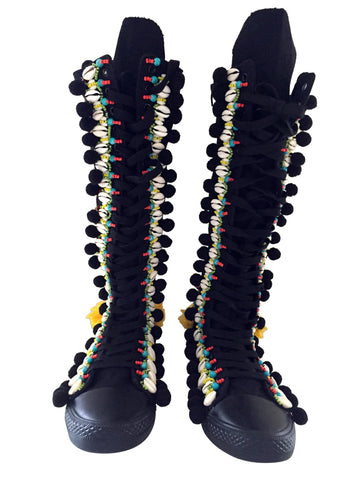 Rahele Beaded Shell Tassel And Pom-Pom Trimmed Canvas Knee Boots