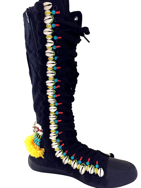 Rahele Beaded Shell Tassel And Pom-Pom Trimmed Canvas Knee Boots