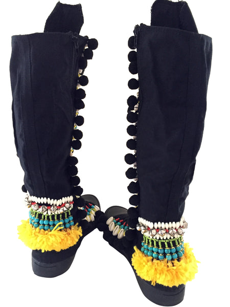 Rahele Beaded Shell Tassel And Pom-Pom Trimmed Canvas Knee Boots