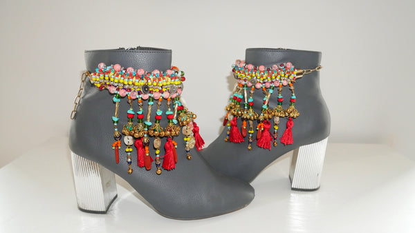 Inaya Multi-Beaded Embellished Charm And Tassel Anklets