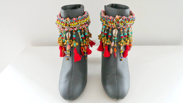 Inaya Multi-Beaded Embellished Charm And Tassel Anklets