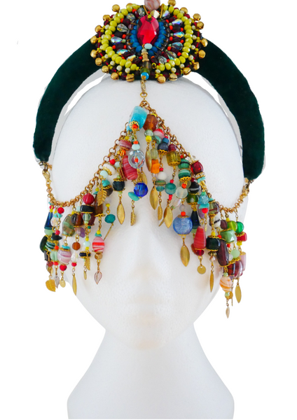 Idia  Colourful Multi-Beaded Swarovski Crystal and Gemstone Embellished Fringe Headpiece with Detachable Pendants