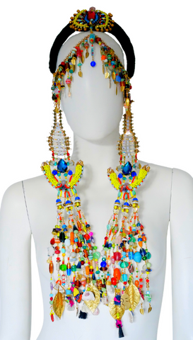 Idia Colourful Multi-Beaded Swarovski Crystal and Gemstone Embellished Fringe Headpiece with Detachable Pendants