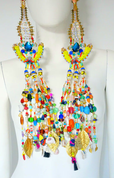 Idia Colourful Multi-Beaded Swarovski Crystal and Gemstone Embellished Fringe Headpiece with Detachable Pendants
