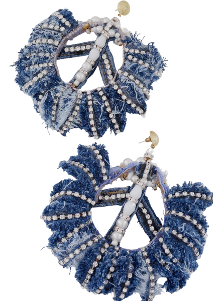 IFUNANYA DISTRESSED CRYSTAL-EMBELLISHED  DENIM PEACE EARRINGS