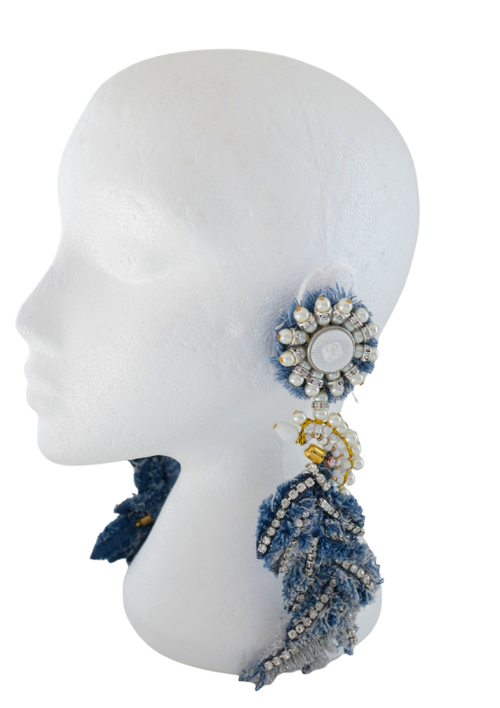 Ihedimma Beaded Crystal-Embellished Denim Bird Earrings