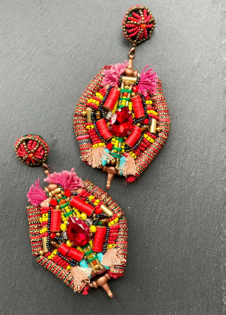 Ihuoma Glass and Vinyl Beaded Embellished Tassel Drop Post Earrings with Inlaid Red Teardrop Crystals