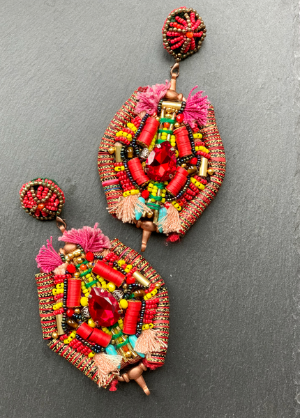 Ihuoma Glass and Vinyl Beaded Embellished Tassel Drop Post Earrings with Inlaid Red Teardrop Crystals