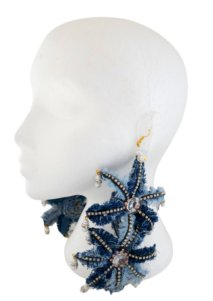 Iredia Crystal-Embellished Distressed Denim Oversized BloomEarrings