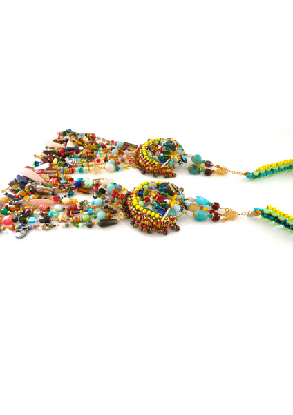 Irene Colourful Multi-Beaded Swarovski Crystal and Gemstone Embellished Fringe Pendant  Headpiece and Neckpiece