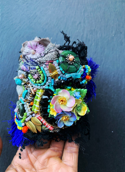 Iruoma Mixed Media Beaded Embellished Assemblage  Applique Lace Cuff Bracelet