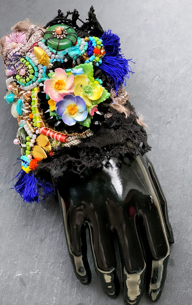 Iruoma Mixed Media Beaded Embellished Assemblage  Applique Lace Cuff Bracelet