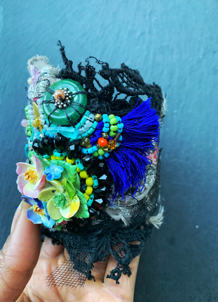 Iruoma Mixed Media Beaded Embellished Assemblage  Applique Lace Cuff Bracelet
