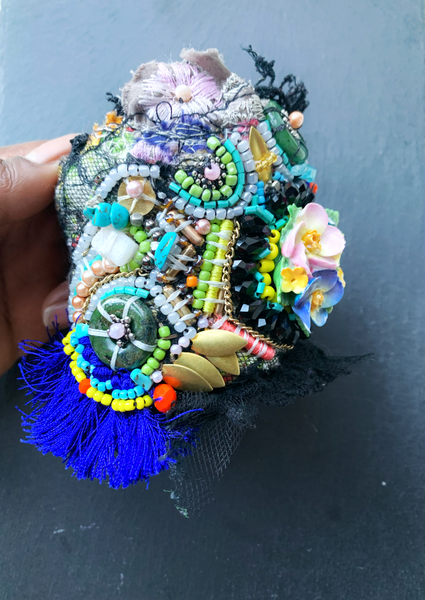 Iruoma Mixed Media Beaded Embellished Assemblage  Applique Lace Cuff Bracelet