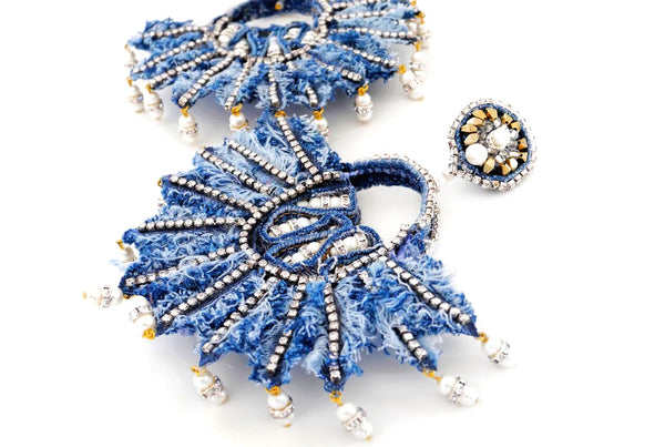 Isabis Embellished Rhinestone Denim Fan Earrrings