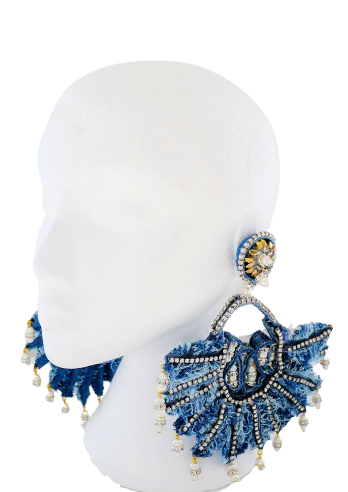 Isabis Embellished Rhinestone Denim Fan Earrrings 2