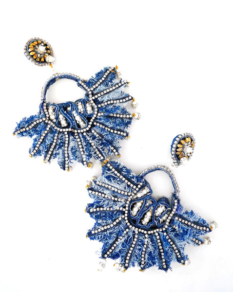 Isabis Embellished Rhinestone Denim Fan Earrrings