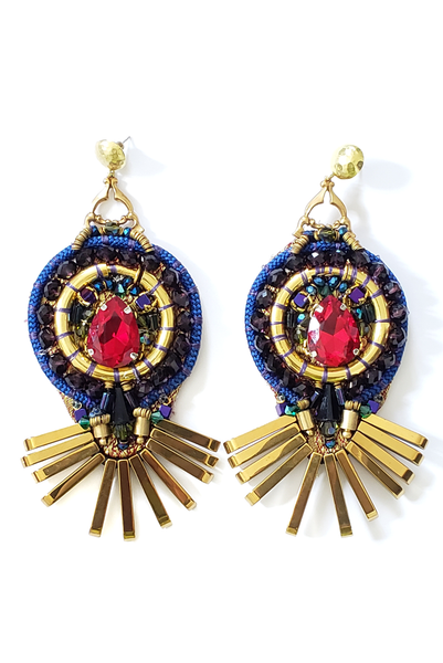Jothi Gold Hematite Fan Drop Post Earrings  Inlaid with Red Teardrop Crystals