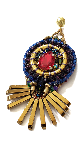 Jothi Gold Hematite Fan Drop Post Earrings  Inlaid with Red Teardrop Crystals