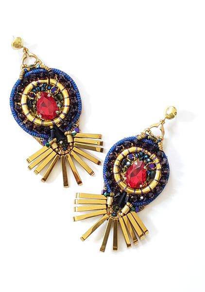 Jothi Gold Hematite Fan Drop Post Earrings Inlaid with Red Teardrop Crystals