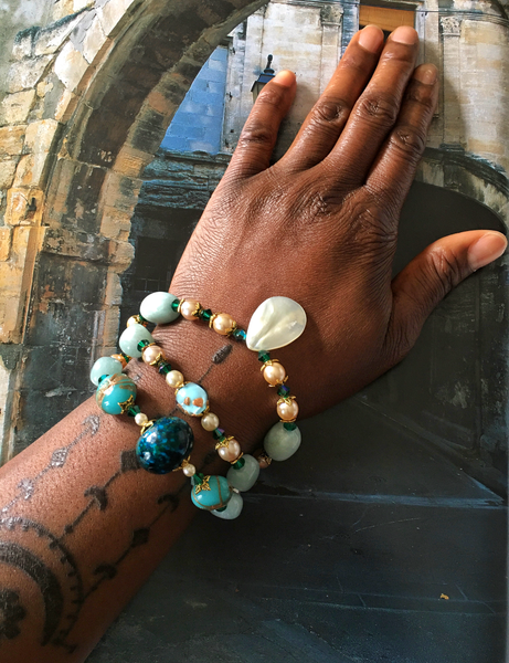 Juniper Mother of Pearl, Chrysocolla and Aquamarine Beaded Bracelet