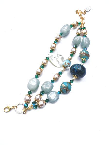 Juniper Mother of Pearl, Chrysocolla and Aquamarine Beaded Bracelet