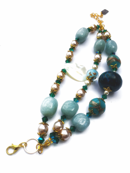 Juniper Mother of Pearl, Chrysocolla and Aquamarine Beaded Bracelet